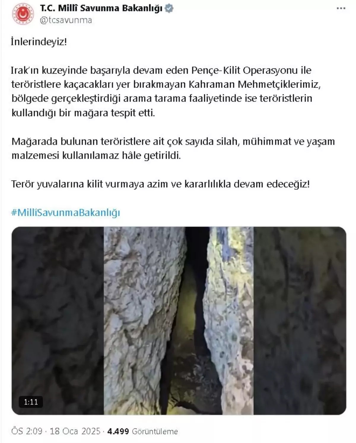 Pençe-Kilit Operasyonu’nda Terörist Mağarası Tespit Edildi